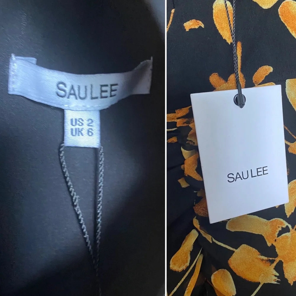 Sau Lee Michella Leaf Print Midi Dress Plunge Black Marigold Spring Boho Size 2 - Picture 15 of 15